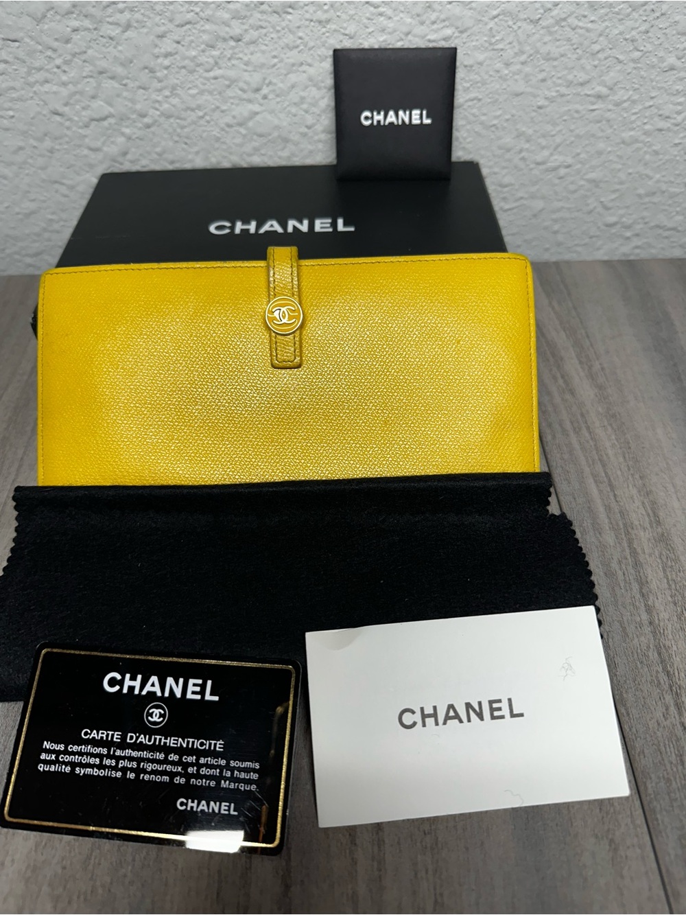 CHANEL Yellow Leather Wallet with CC Button Accent and Gift Box